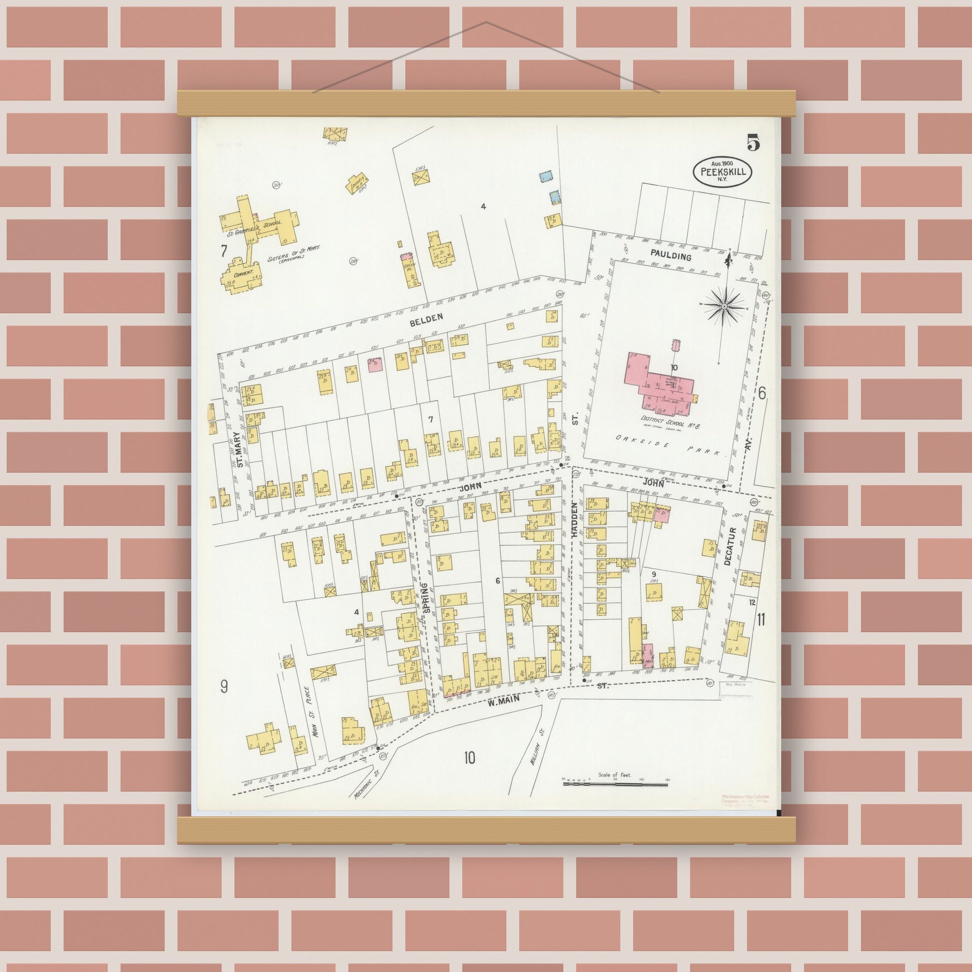 Old map wall art mockup — magnetic wood frame on brick wall — Sanborn Fire Insurance Map from Peekskill, Westchester County, New York (1900), Sheet #0005