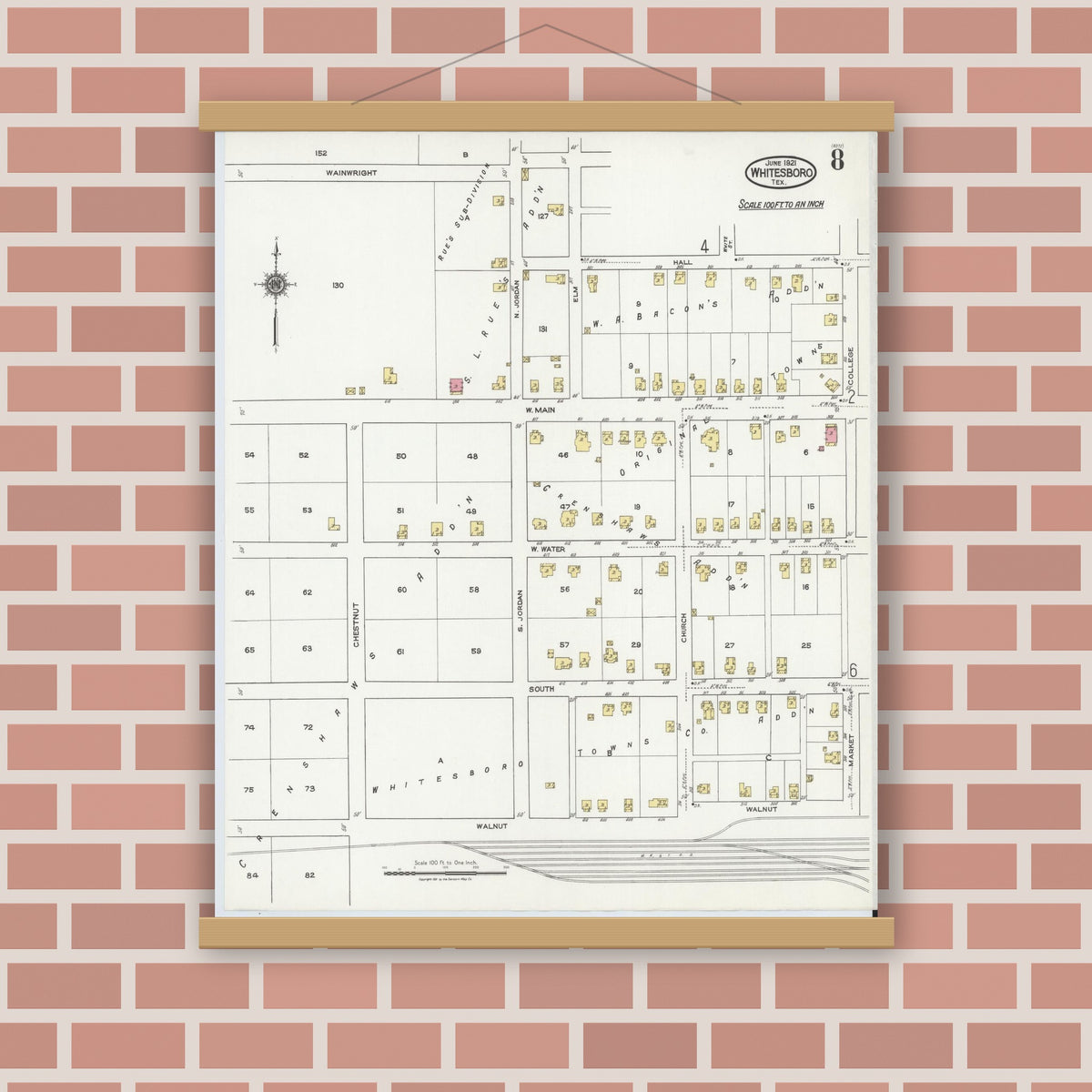 Old map wall art mockup — magnetic wood frame on brick wall — Sanborn Fire Insurance Map from Whitesboro, Grayson County, Texas (1921), Sheet #0008