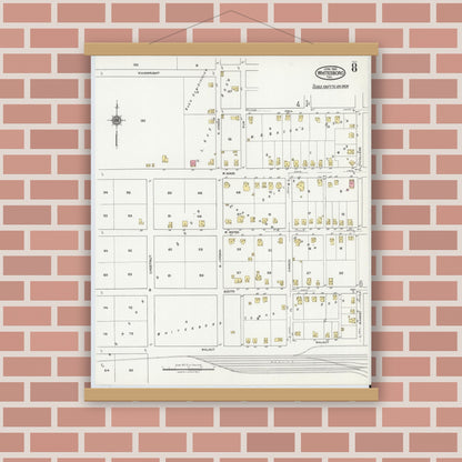 Old map wall art mockup — magnetic wood frame on brick wall — Sanborn Fire Insurance Map from Whitesboro, Grayson County, Texas (1921), Sheet #0008