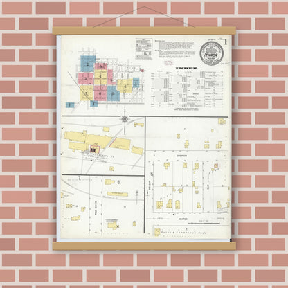 Old map wall art mockup — magnetic wood frame on brick wall — Sanborn Fire Insurance Map from Ithaca, Gratiot County, Michigan (1911), Sheet #0001
