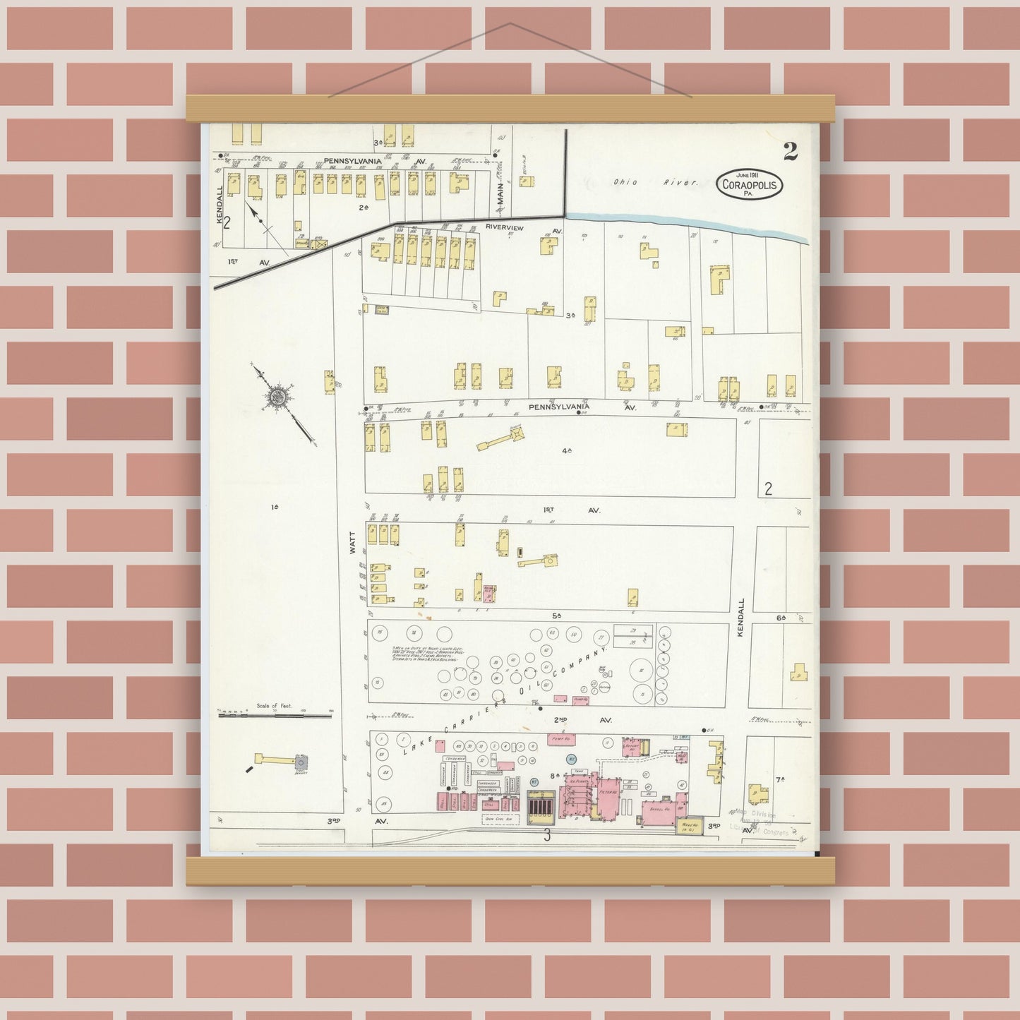Old map wall art mockup — magnetic wood frame on brick wall — Sanborn Fire Insurance Map from Coraopolis, Allegheny County, Pennsylvania (1911), Sheet #0002