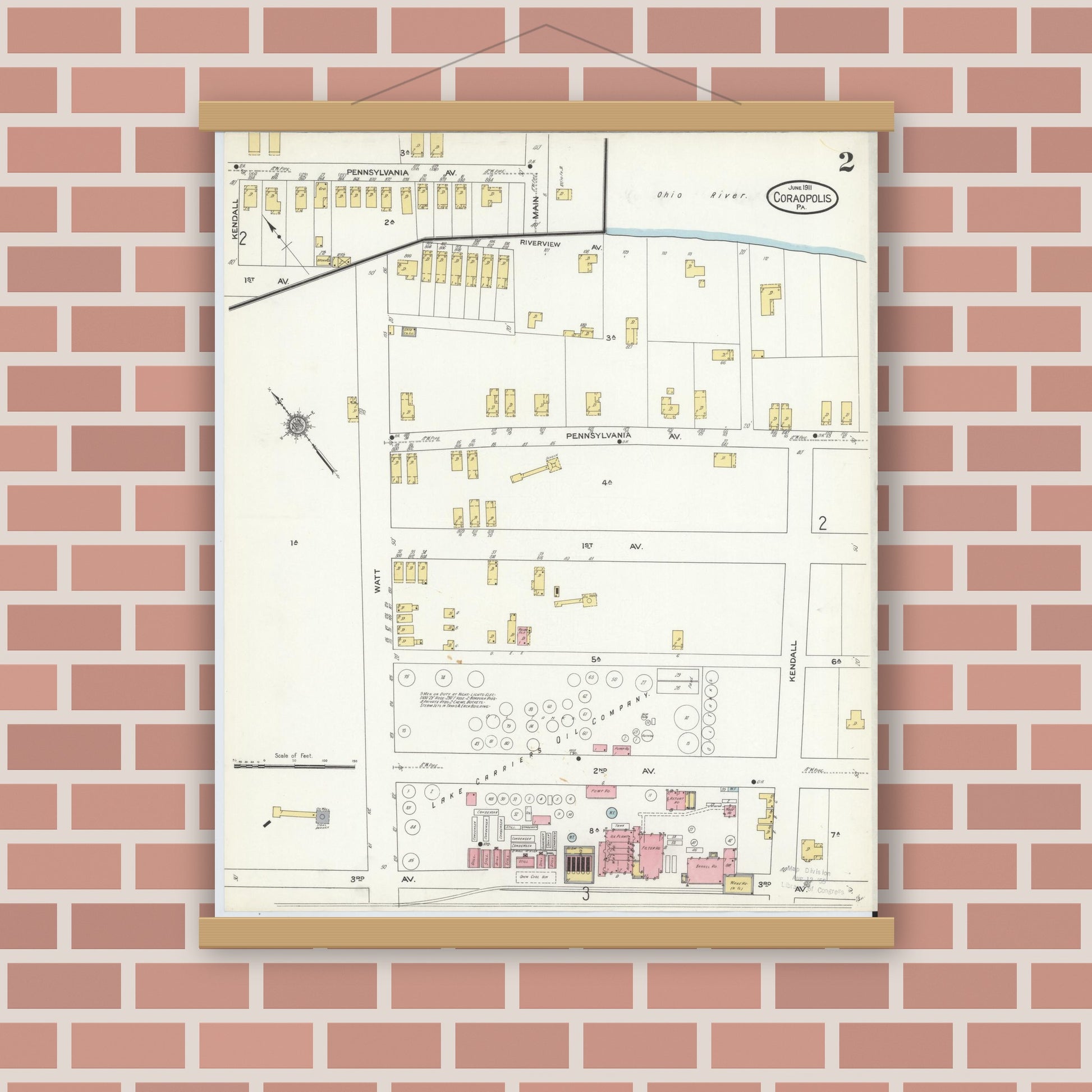 Old map wall art mockup — magnetic wood frame on brick wall — Sanborn Fire Insurance Map from Coraopolis, Allegheny County, Pennsylvania (1911), Sheet #0002