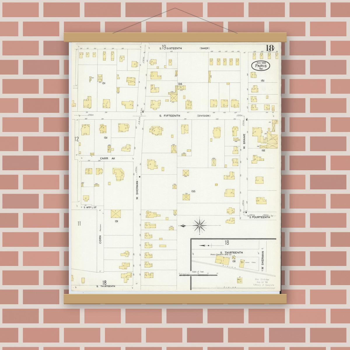 Old map wall art mockup — magnetic wood frame on brick wall — Sanborn Fire Insurance Map from Paris, Lamar County, Texas (1908), Sheet #0018