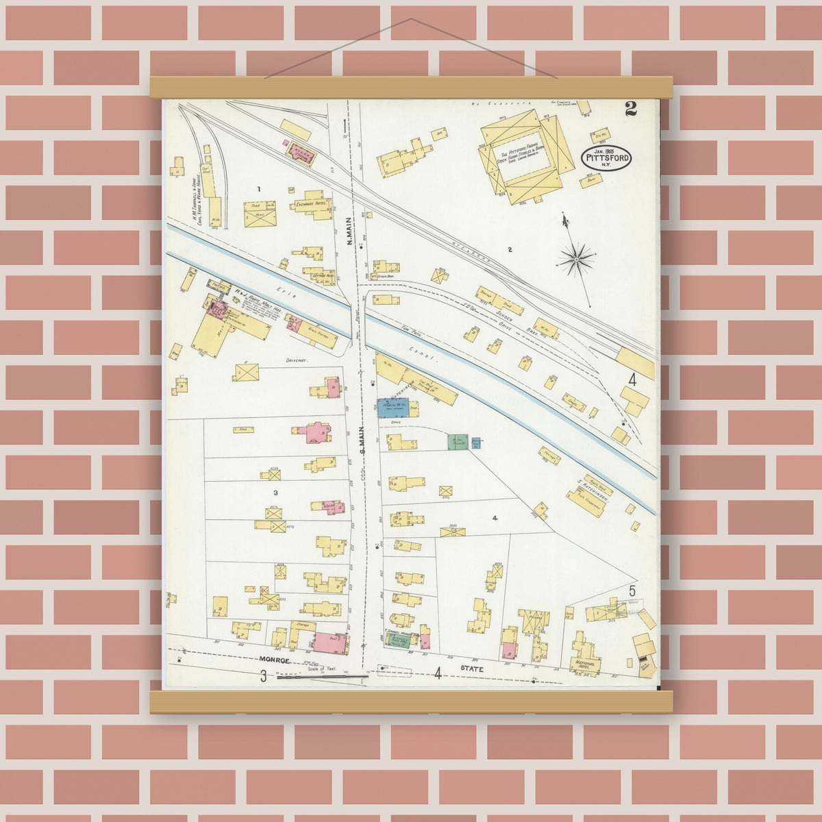 Old map wall art mockup — magnetic wood frame on brick wall — Sanborn Fire Insurance Map from Pittsford, Monroe County, New York (1905), Sheet #0002