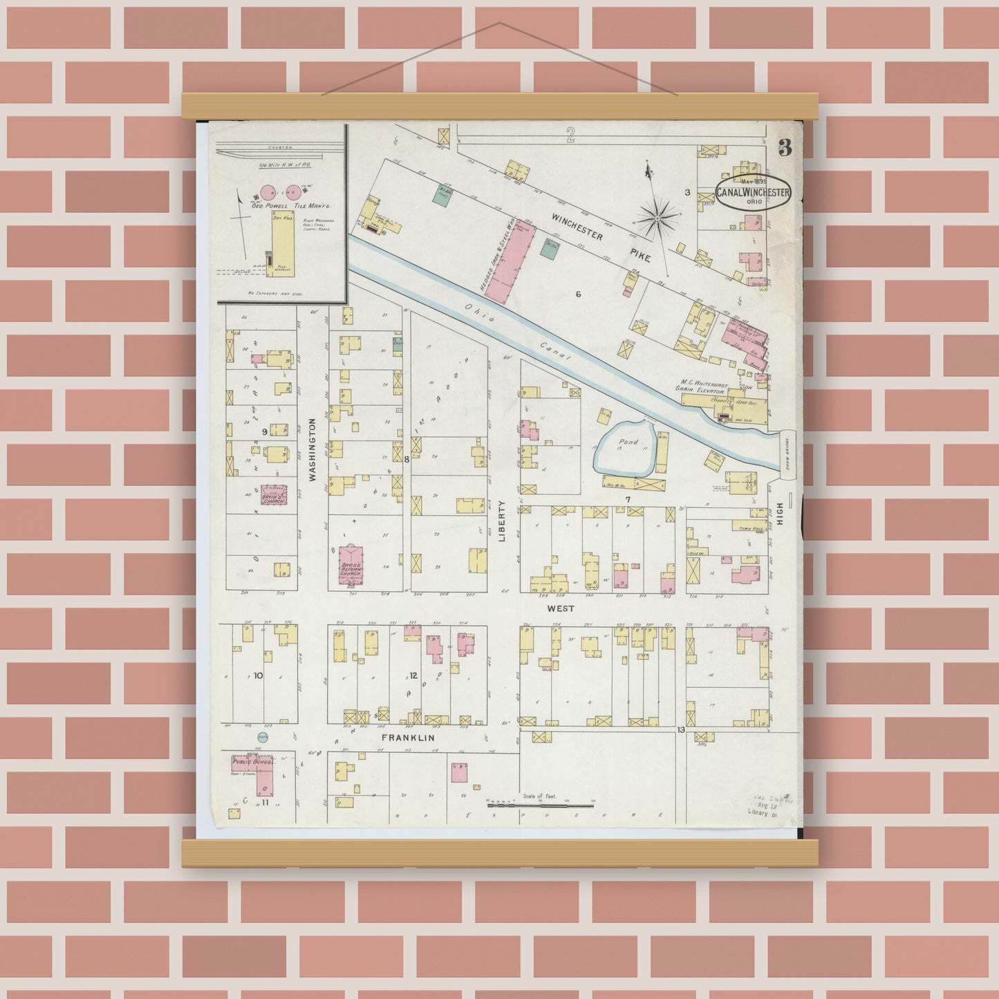Old map wall art mockup — magnetic wood frame on brick wall — Sanborn Fire Insurance Map from Canal Winchester, Franklin County, Ohio (1895), Sheet #0003