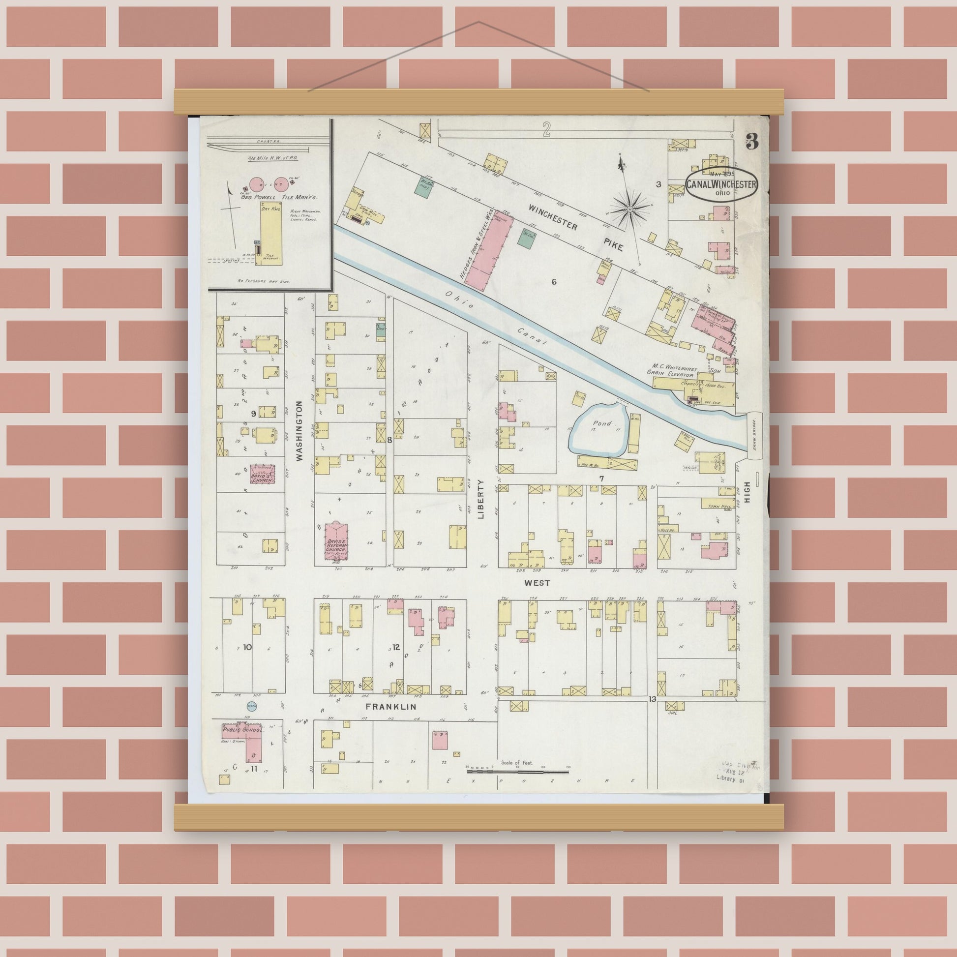 Old map wall art mockup — magnetic wood frame on brick wall — Sanborn Fire Insurance Map from Canal Winchester, Franklin County, Ohio (1895), Sheet #0003