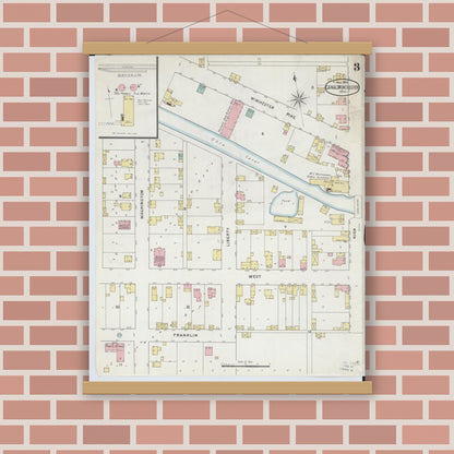 Old map wall art mockup — magnetic wood frame on brick wall — Sanborn Fire Insurance Map from Canal Winchester, Franklin County, Ohio (1895), Sheet #0003