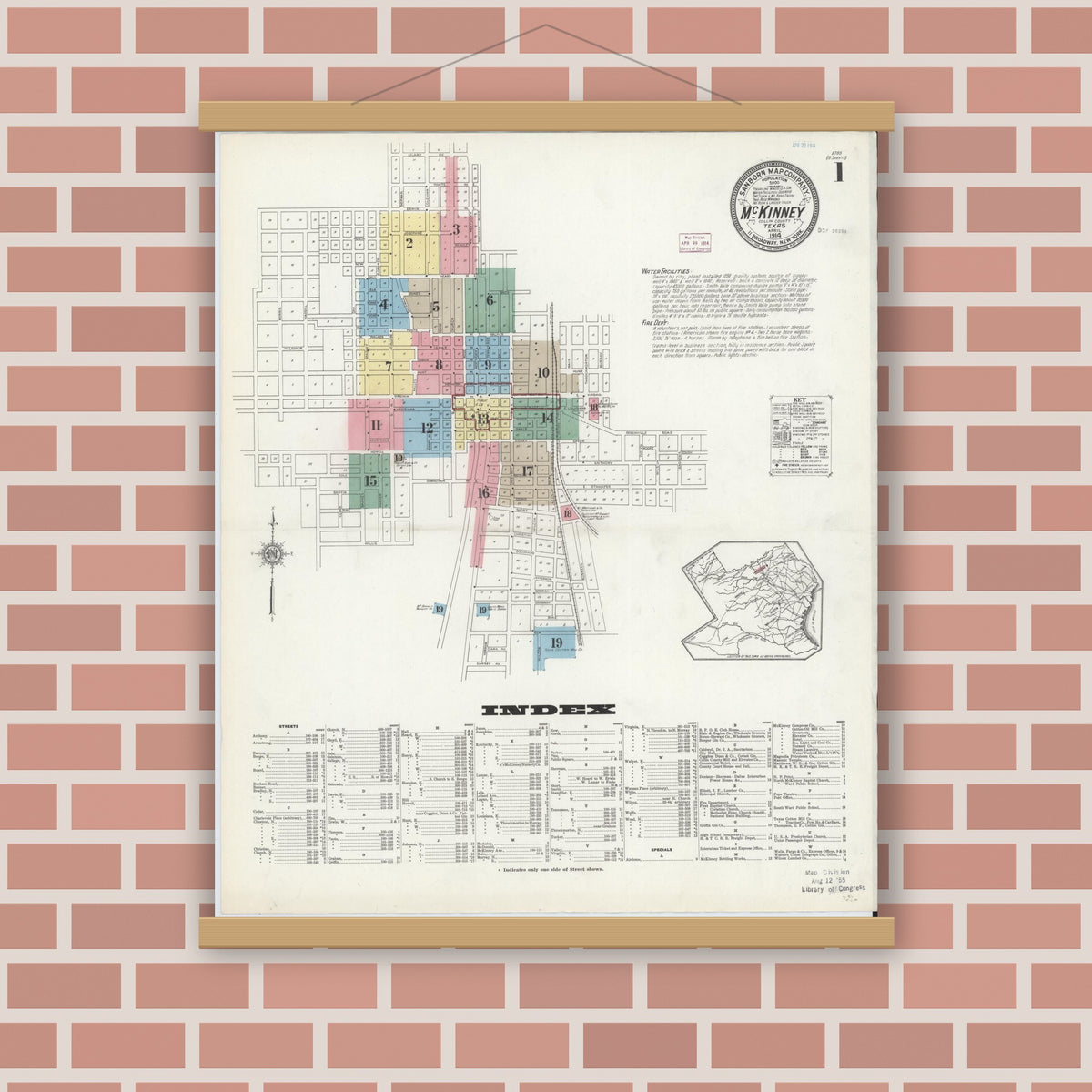 Old map wall art mockup — magnetic wood frame on brick wall — Sanborn Fire Insurance Map from McKinney, Collin County, Texas (1914) - Complete Map Set