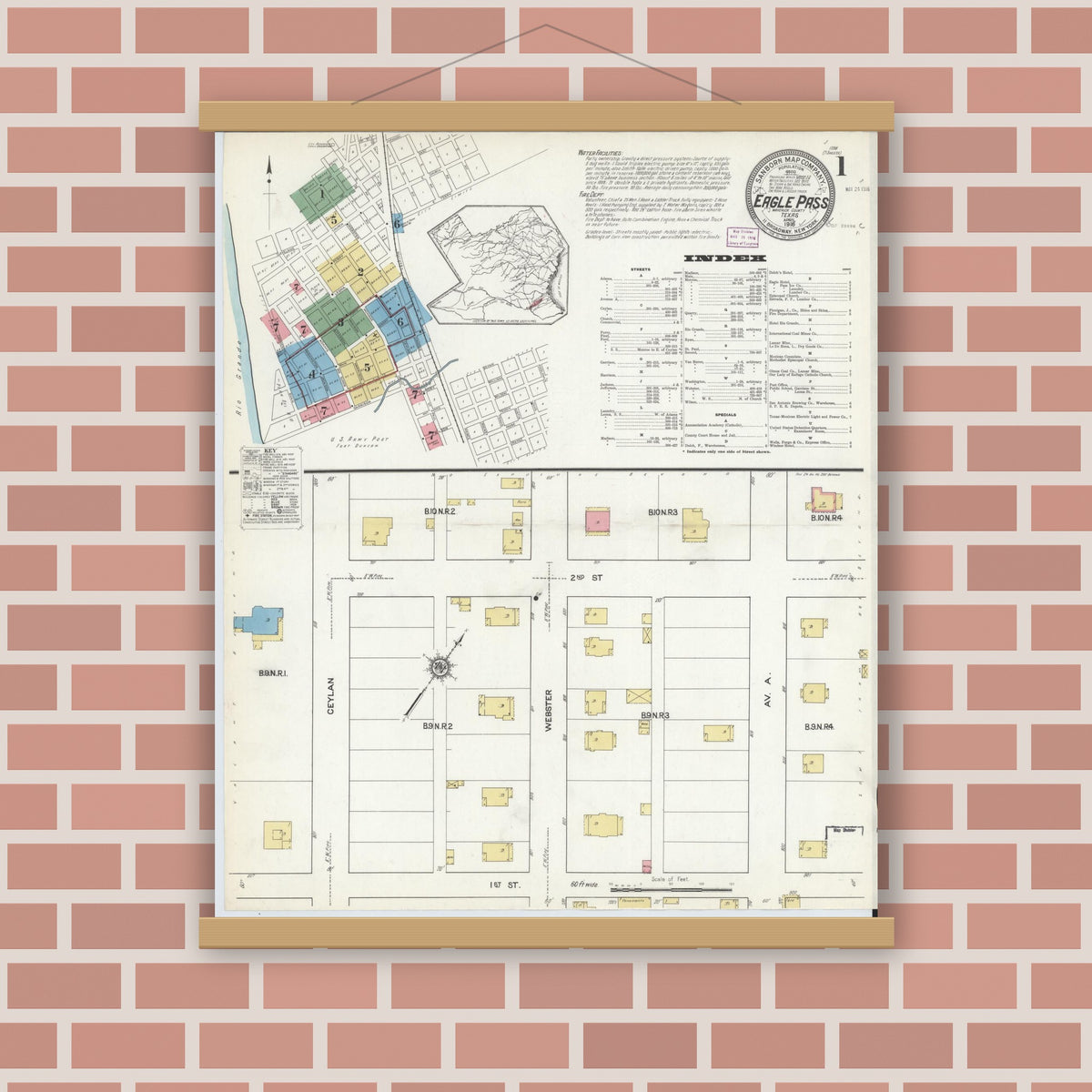 Old map wall art mockup — magnetic wood frame on brick wall — Sanborn Fire Insurance Map from Eagle Pass, Maverick County, Texas (1916) - Complete Map Set