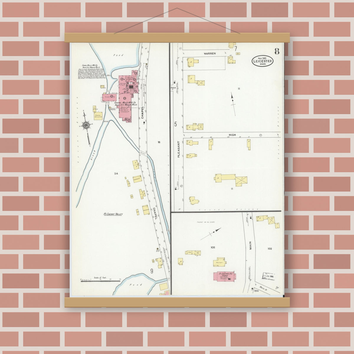 Old map wall art mockup — magnetic wood frame on brick wall — Sanborn Fire Insurance Map from Leicester, Worcester County, Massachusetts (1910), Sheet #0008
