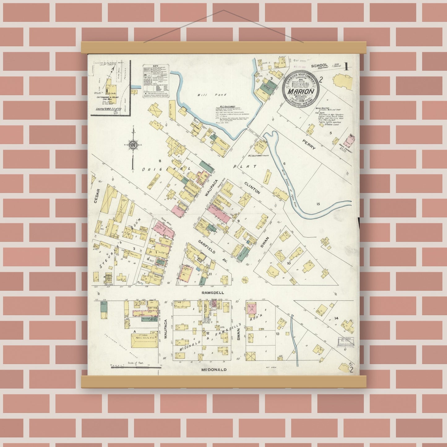Old map wall art mockup — magnetic wood frame on brick wall — Sanborn Fire Insurance Map from Marion, Waupaca County, Wisconsin (1908) - Complete Map Set