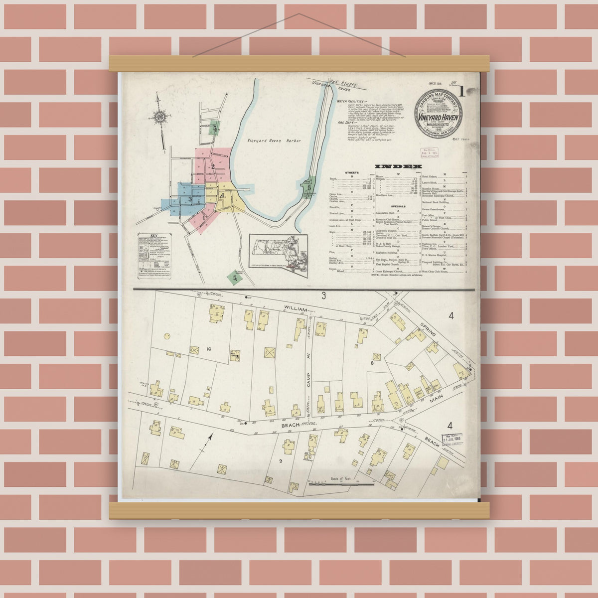 Old map wall art mockup — magnetic wood frame on brick wall — Sanborn Fire Insurance Map from Vineyard Haven, Dukes County, Massachusetts (1914) - Complete Map Set