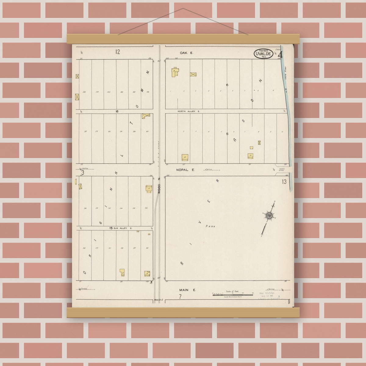 Old map wall art mockup — magnetic wood frame on brick wall — Sanborn Fire Insurance Map from Uvalde, Uvalde County, Texas (1922), Sheet #0004