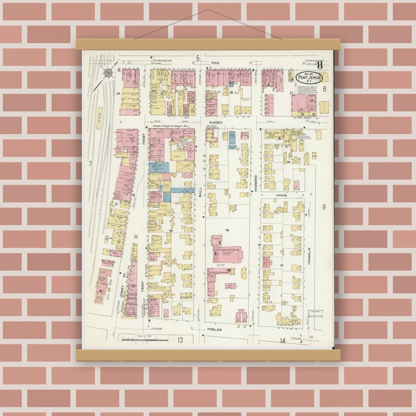 Old map wall art mockup — magnetic wood frame on brick wall — Sanborn Fire Insurance Map from Port Jervis, Orange County, New York (1912), Sheet #0008