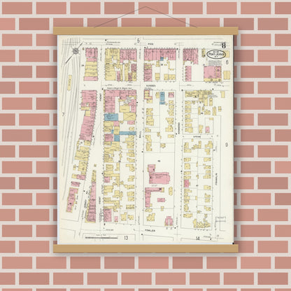 Old map wall art mockup — magnetic wood frame on brick wall — Sanborn Fire Insurance Map from Port Jervis, Orange County, New York (1912), Sheet #0008