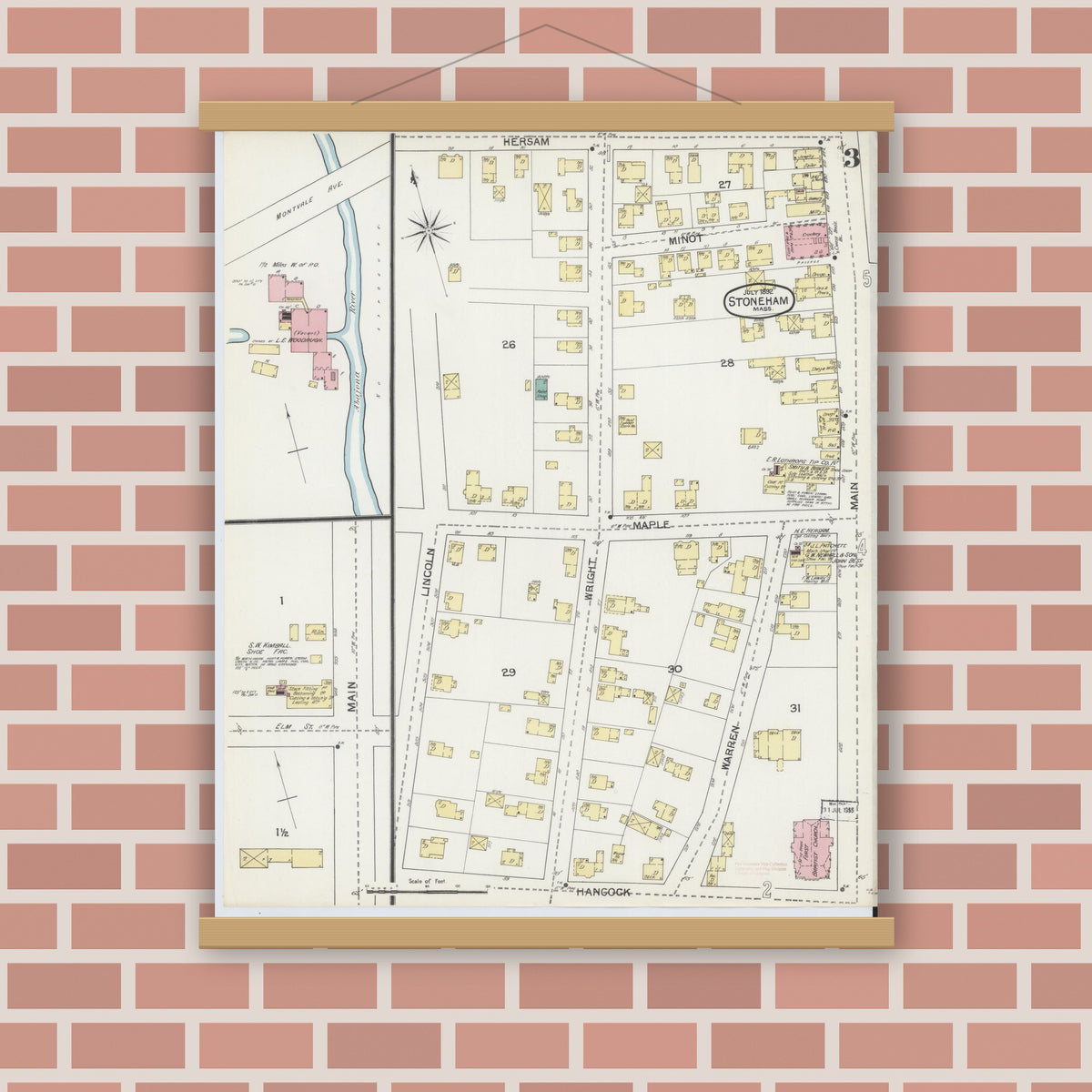 Old map wall art mockup — magnetic wood frame on brick wall — Sanborn Fire Insurance Map from Stoneham, Middlesex County, Massachusetts (1892), Sheet #0003