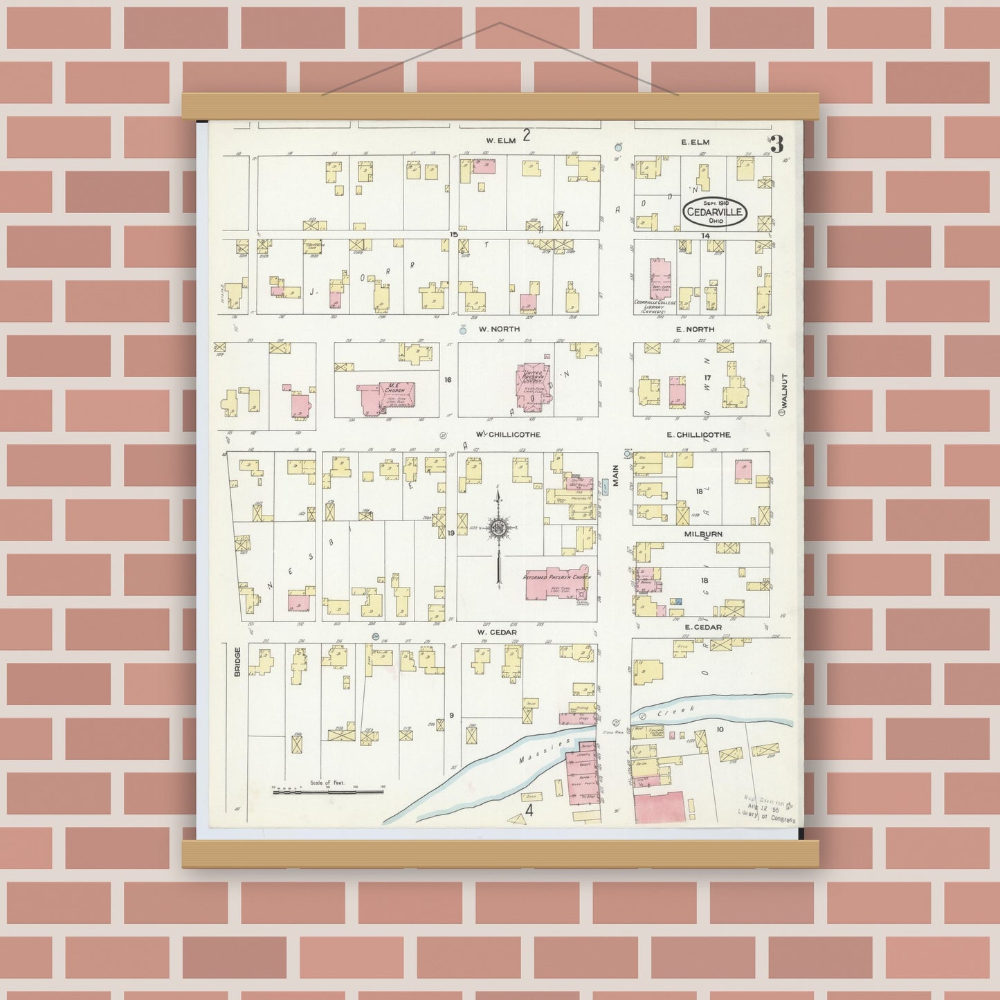 Old map wall art mockup — magnetic wood frame on brick wall — Sanborn Fire Insurance Map from Cedarville, Greene County, Ohio (1910), Sheet #0003