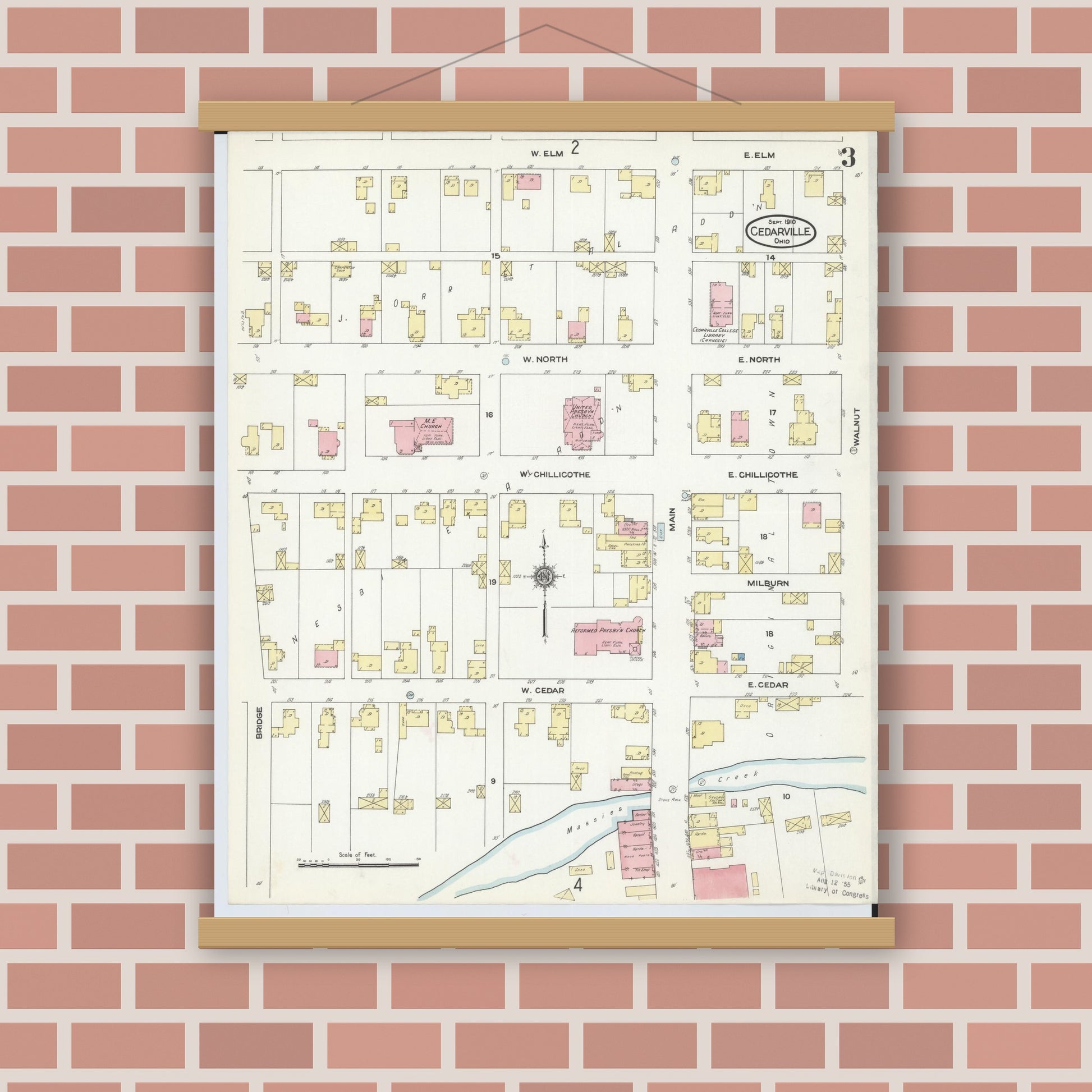 Old map wall art mockup — magnetic wood frame on brick wall — Sanborn Fire Insurance Map from Cedarville, Greene County, Ohio (1910), Sheet #0003