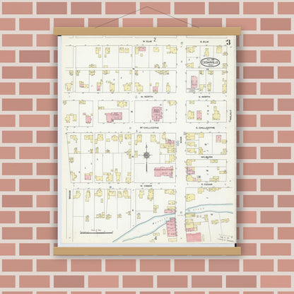 Old map wall art mockup — magnetic wood frame on brick wall — Sanborn Fire Insurance Map from Cedarville, Greene County, Ohio (1910), Sheet #0003
