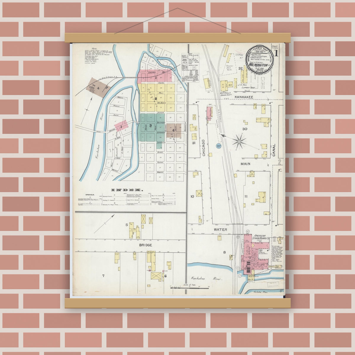Old map wall art mockup — magnetic wood frame on brick wall — Sanborn Fire Insurance Map from Wilmington, Will County, Illinois (1892) - Complete Map Set