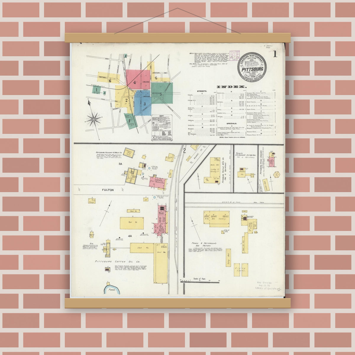 Old map wall art mockup — magnetic wood frame on brick wall — Sanborn Fire Insurance Map from Pittsburg, Camp County, Texas (1906) - Complete Map Set