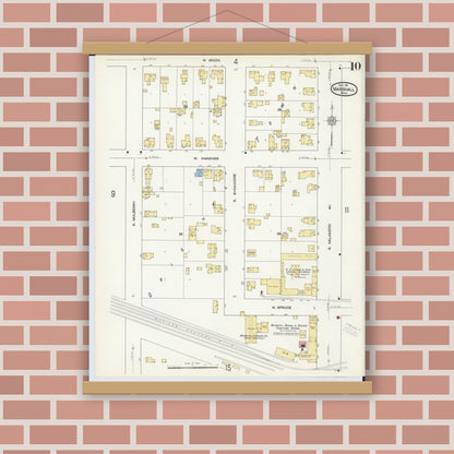 Old map wall art mockup — magnetic wood frame on brick wall — Sanborn Fire Insurance Map from Marshall, Calhoun County, Michigan (1911), Sheet #0010