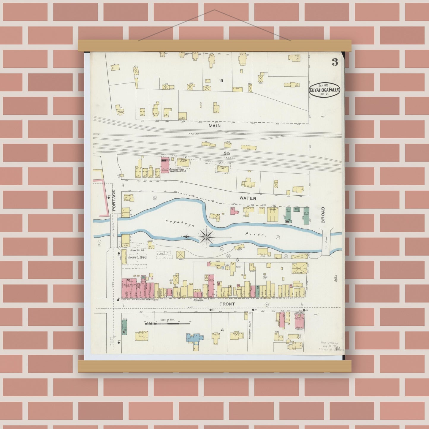 Old map wall art mockup — magnetic wood frame on brick wall — Sanborn Fire Insurance Map from Cuyahoga Falls, Summit County, Ohio (1893), Sheet #0003