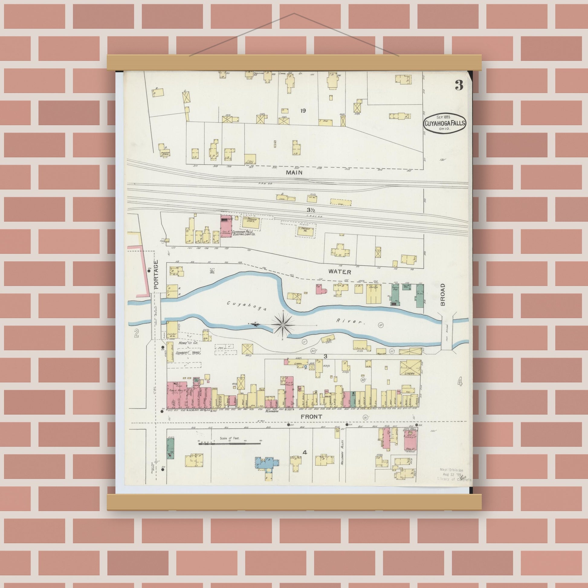 Old map wall art mockup — magnetic wood frame on brick wall — Sanborn Fire Insurance Map from Cuyahoga Falls, Summit County, Ohio (1893), Sheet #0003