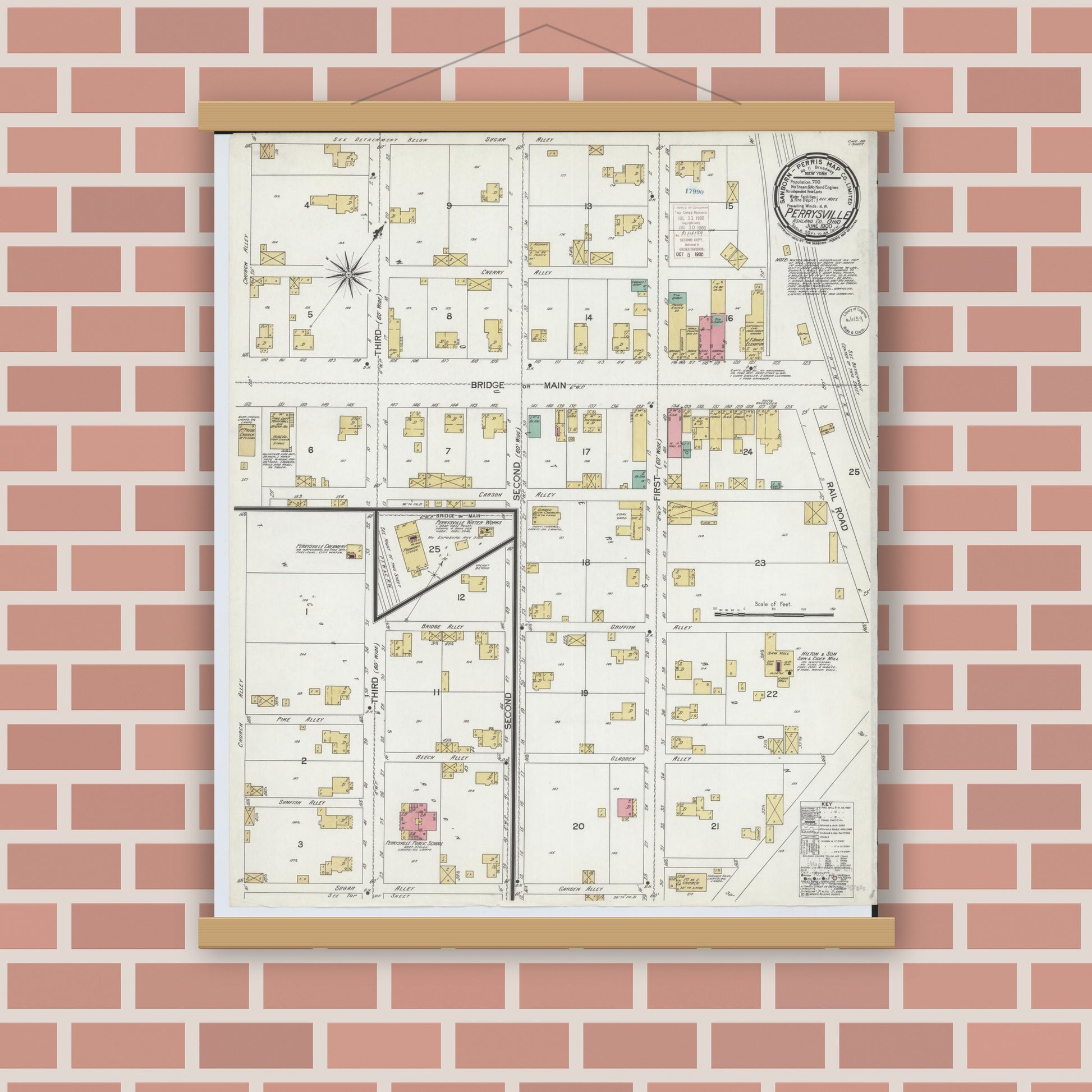 Old map wall art mockup — magnetic wood frame on brick wall — Sanborn Fire Insurance Map from Perrysville, Ashland County, Ohio (1900), Sheet #0001