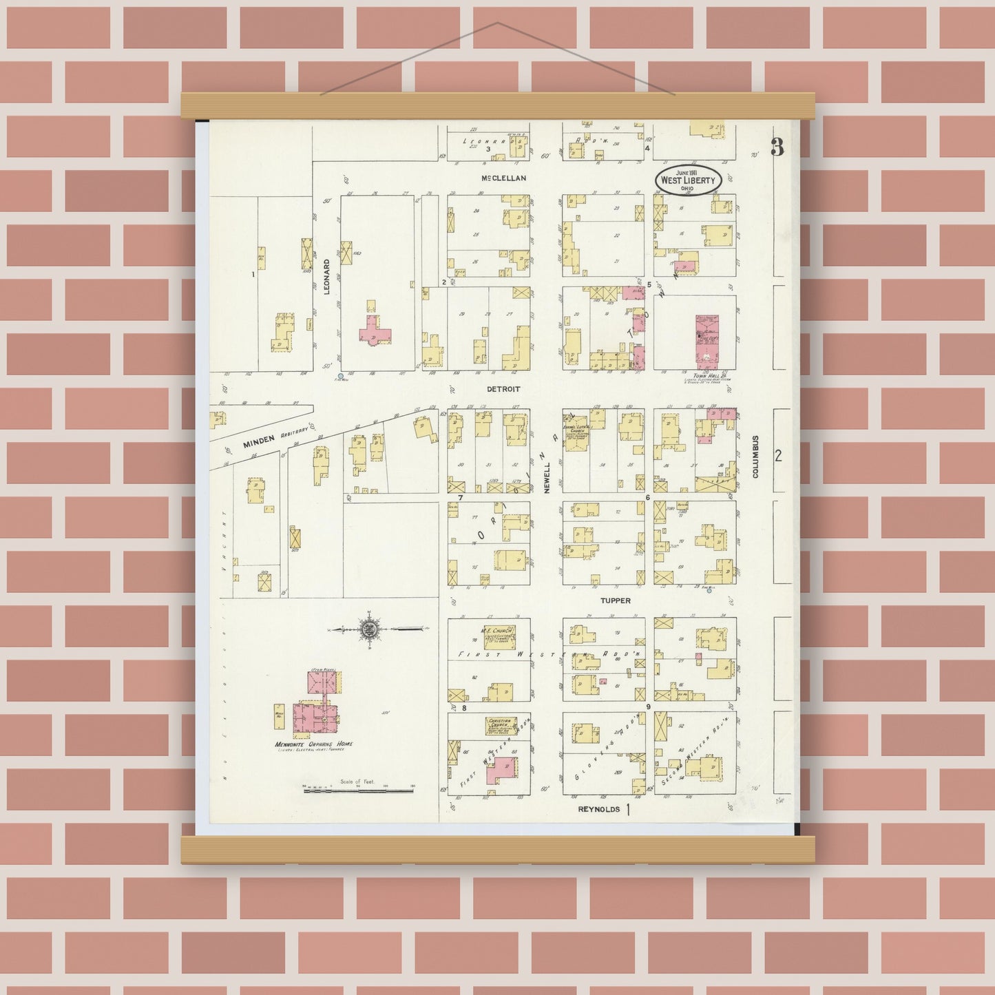 Old map wall art mockup — magnetic wood frame on brick wall — Sanborn Fire Insurance Map from West Liberty, Logan County, Ohio (1911), Sheet #0003