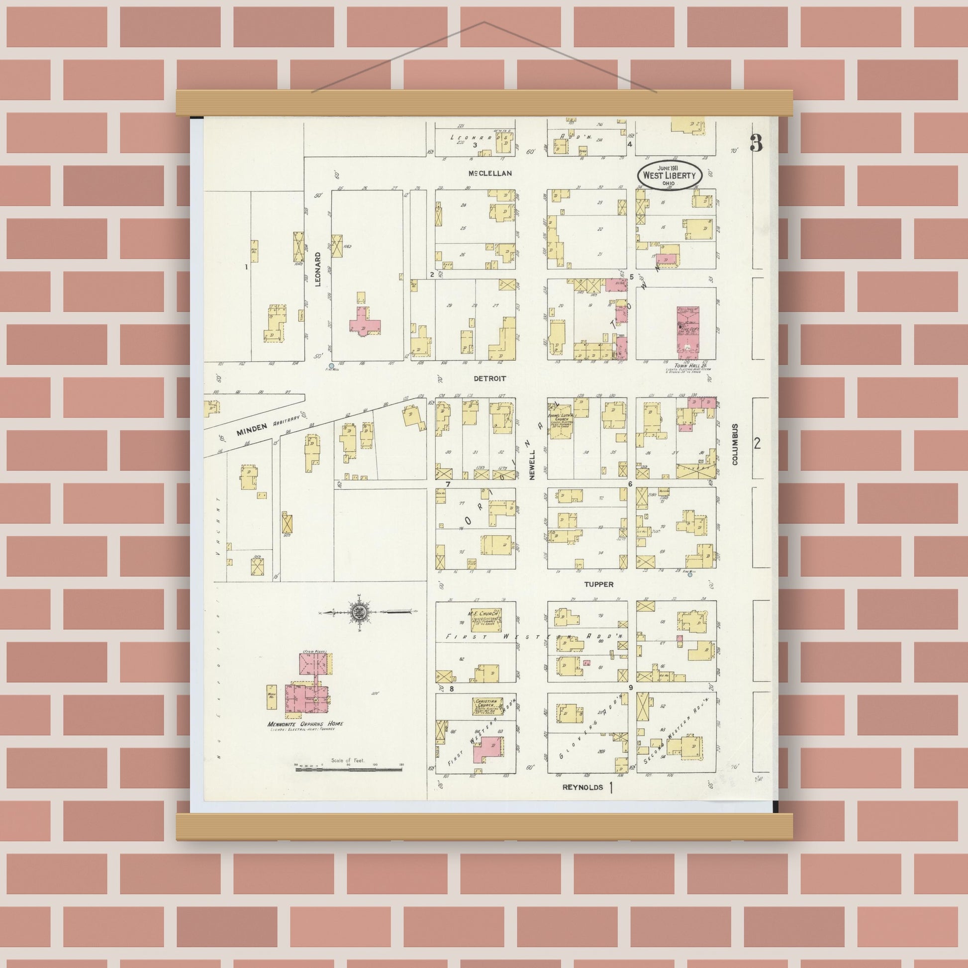 Old map wall art mockup — magnetic wood frame on brick wall — Sanborn Fire Insurance Map from West Liberty, Logan County, Ohio (1911), Sheet #0003