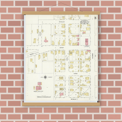 Old map wall art mockup — magnetic wood frame on brick wall — Sanborn Fire Insurance Map from West Liberty, Logan County, Ohio (1911), Sheet #0003