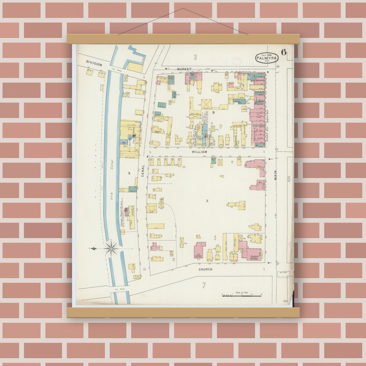 Old map wall art mockup — magnetic wood frame on brick wall — Sanborn Fire Insurance Map from Palmyra, Wayne County, New York (1894), Sheet #0006