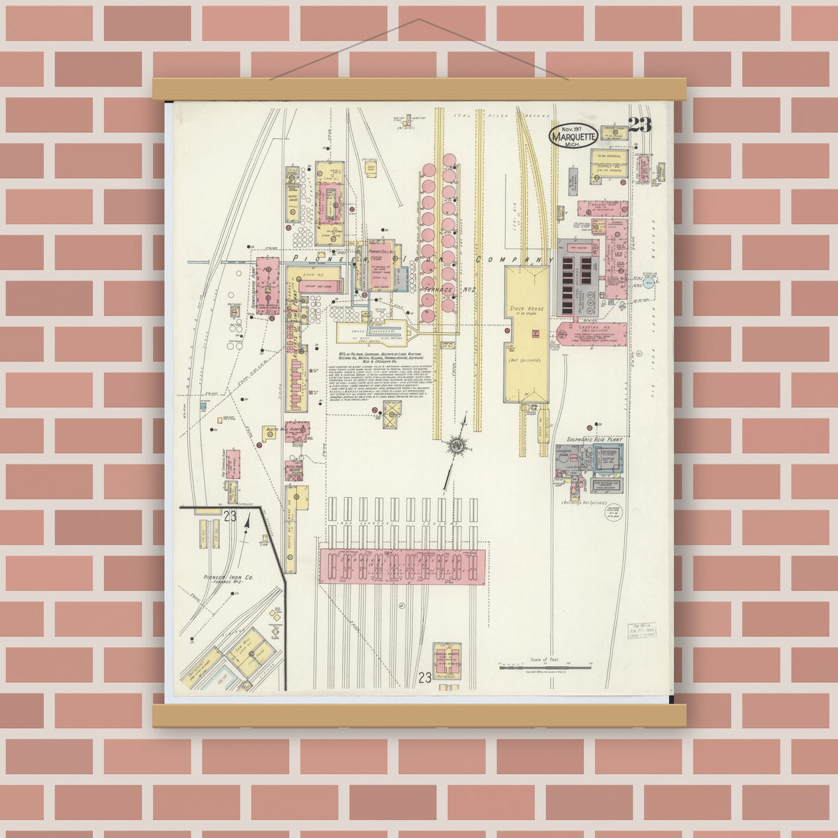 Old map wall art mockup — magnetic wood frame on brick wall — Sanborn Fire Insurance Map from Marquette, Marquette County, Michigan (1917), Sheet #0023