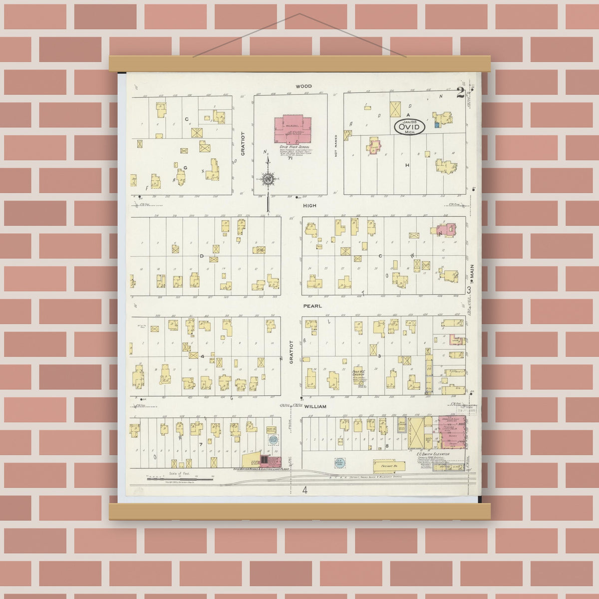 Old map wall art mockup — magnetic wood frame on brick wall — Sanborn Fire Insurance Map from Ovid, Clinton County, Michigan (1918), Sheet #0002