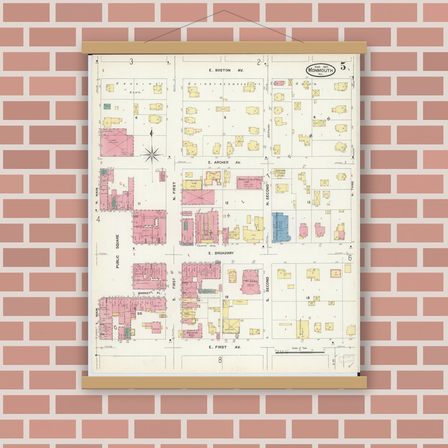 Old map wall art mockup — magnetic wood frame on brick wall — Sanborn Fire Insurance Map from Monmouth, Warren County, Illinois (1907), Sheet #0005
