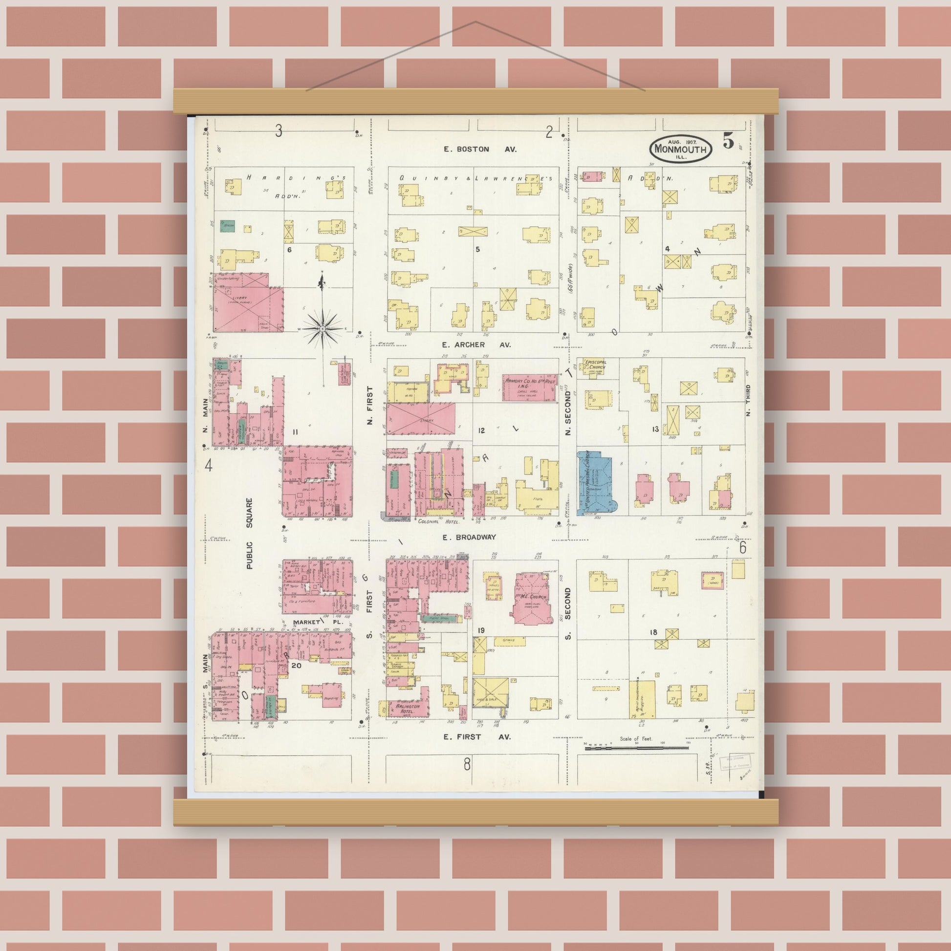 Old map wall art mockup — magnetic wood frame on brick wall — Sanborn Fire Insurance Map from Monmouth, Warren County, Illinois (1907), Sheet #0005