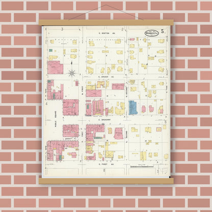 Old map wall art mockup — magnetic wood frame on brick wall — Sanborn Fire Insurance Map from Monmouth, Warren County, Illinois (1907), Sheet #0005