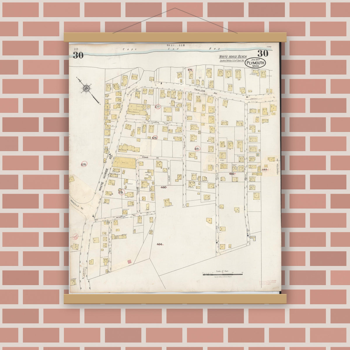 Old map wall art mockup — magnetic wood frame on brick wall — Sanborn Fire Insurance Map from Plymouth, Plymouth County, Massachusetts (1948), Sheet #0030
