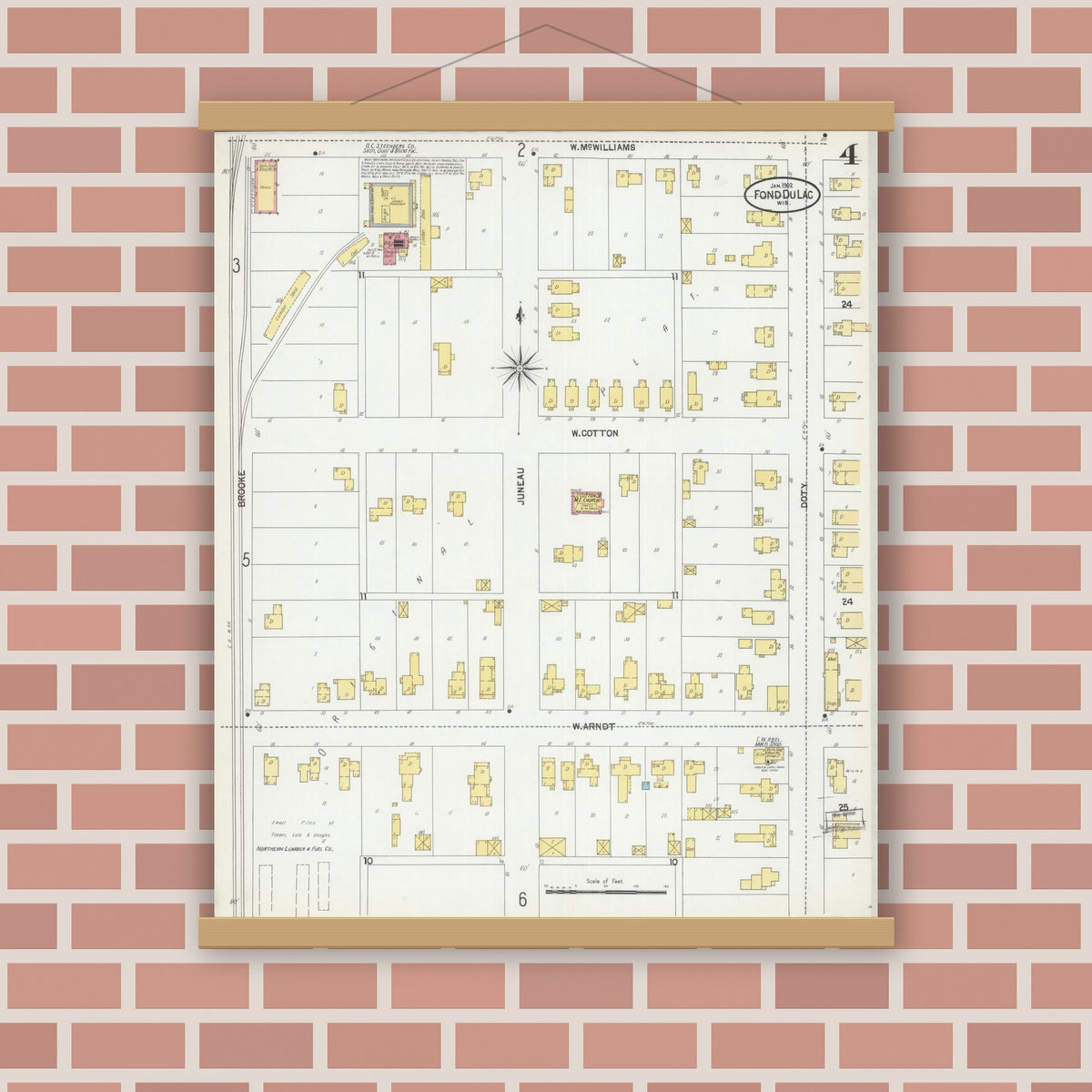 Old map wall art mockup — magnetic wood frame on brick wall — Sanborn Fire Insurance Map from Fond du Lac, Fond du Lac County, Wisconsin (1902), Sheet #0004