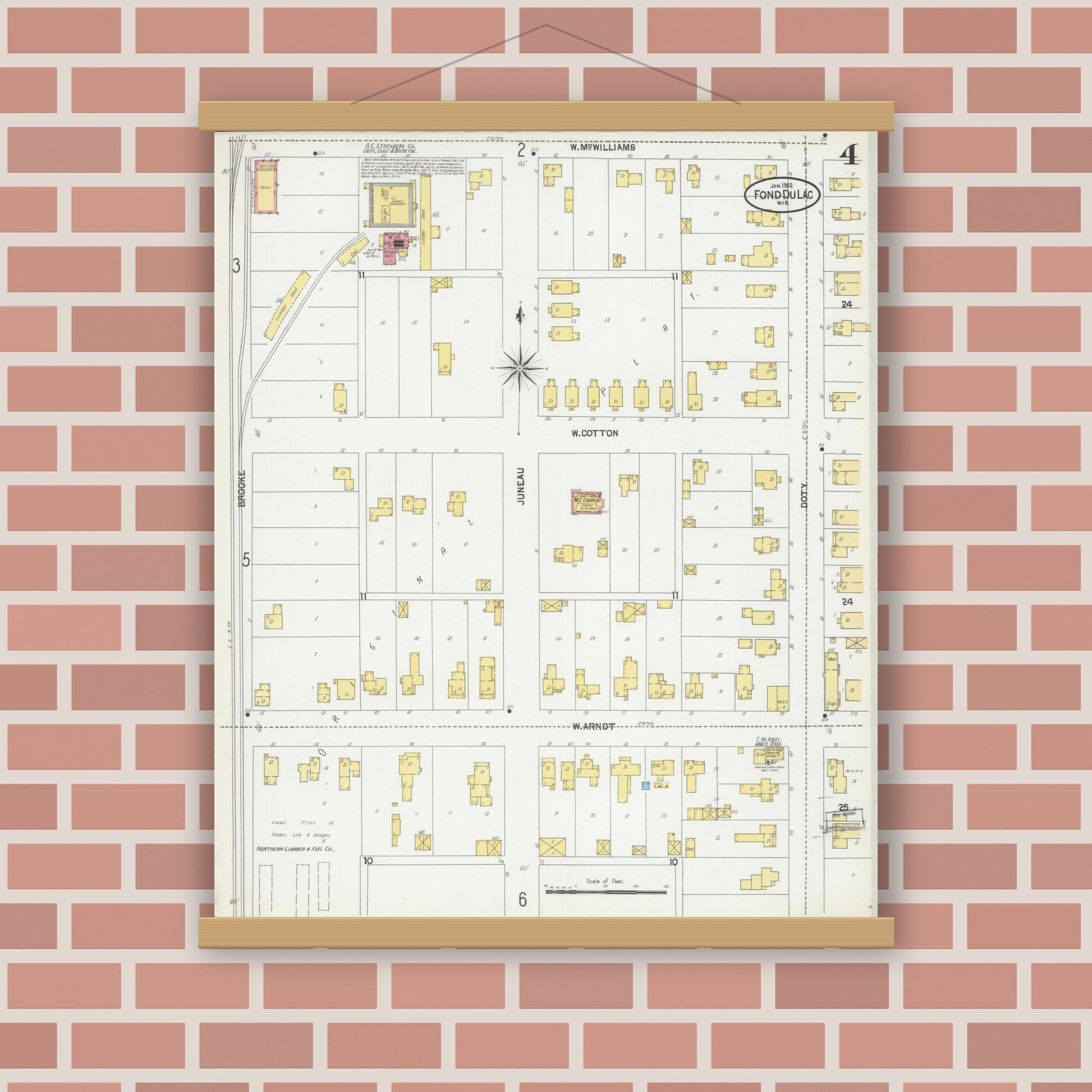 Old map wall art mockup — magnetic wood frame on brick wall — Sanborn Fire Insurance Map from Fond du Lac, Fond du Lac County, Wisconsin (1902), Sheet #0004