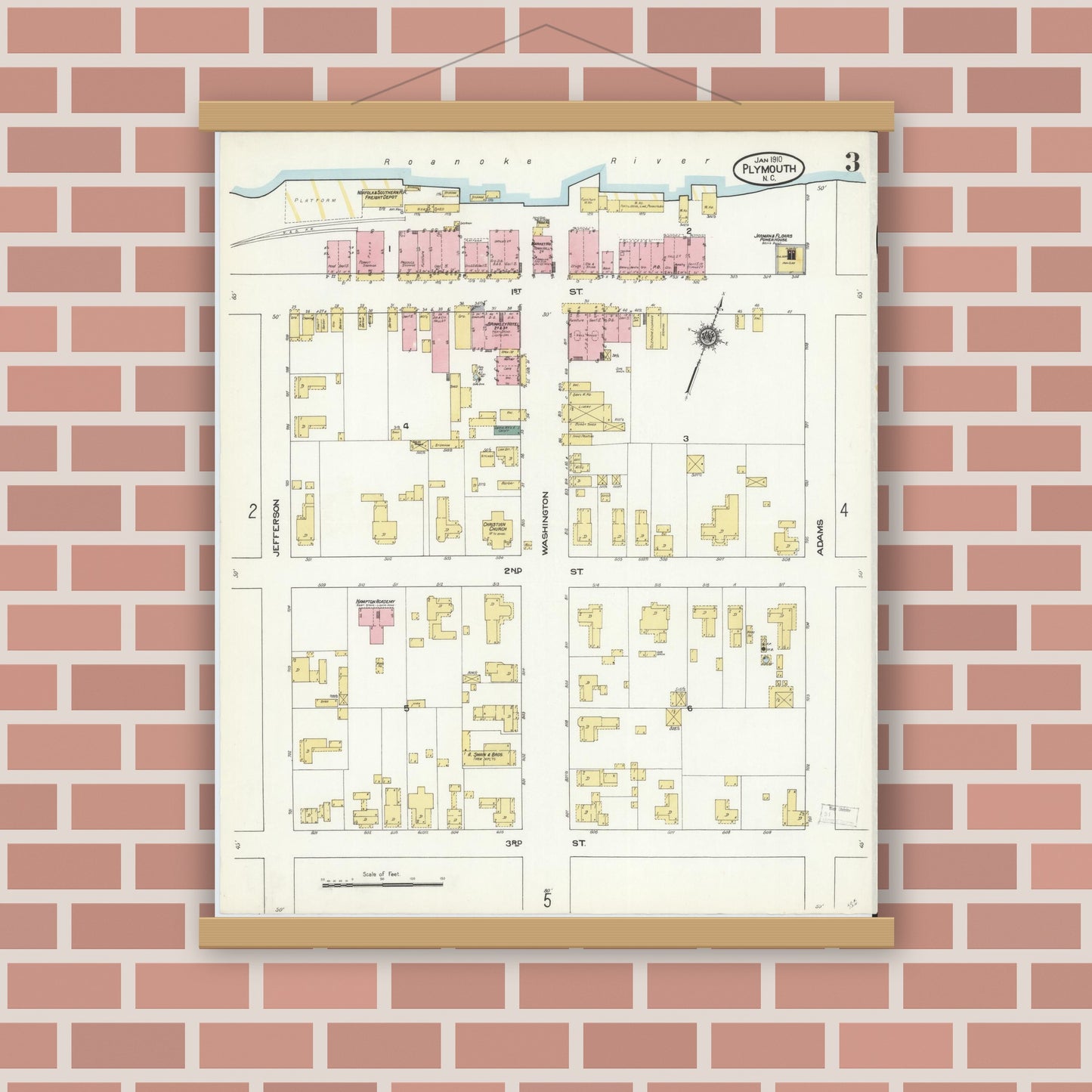 Old map wall art mockup — magnetic wood frame on brick wall — Sanborn Fire Insurance Map from Plymouth, Washington County, North Carolina (1910), Sheet #0003