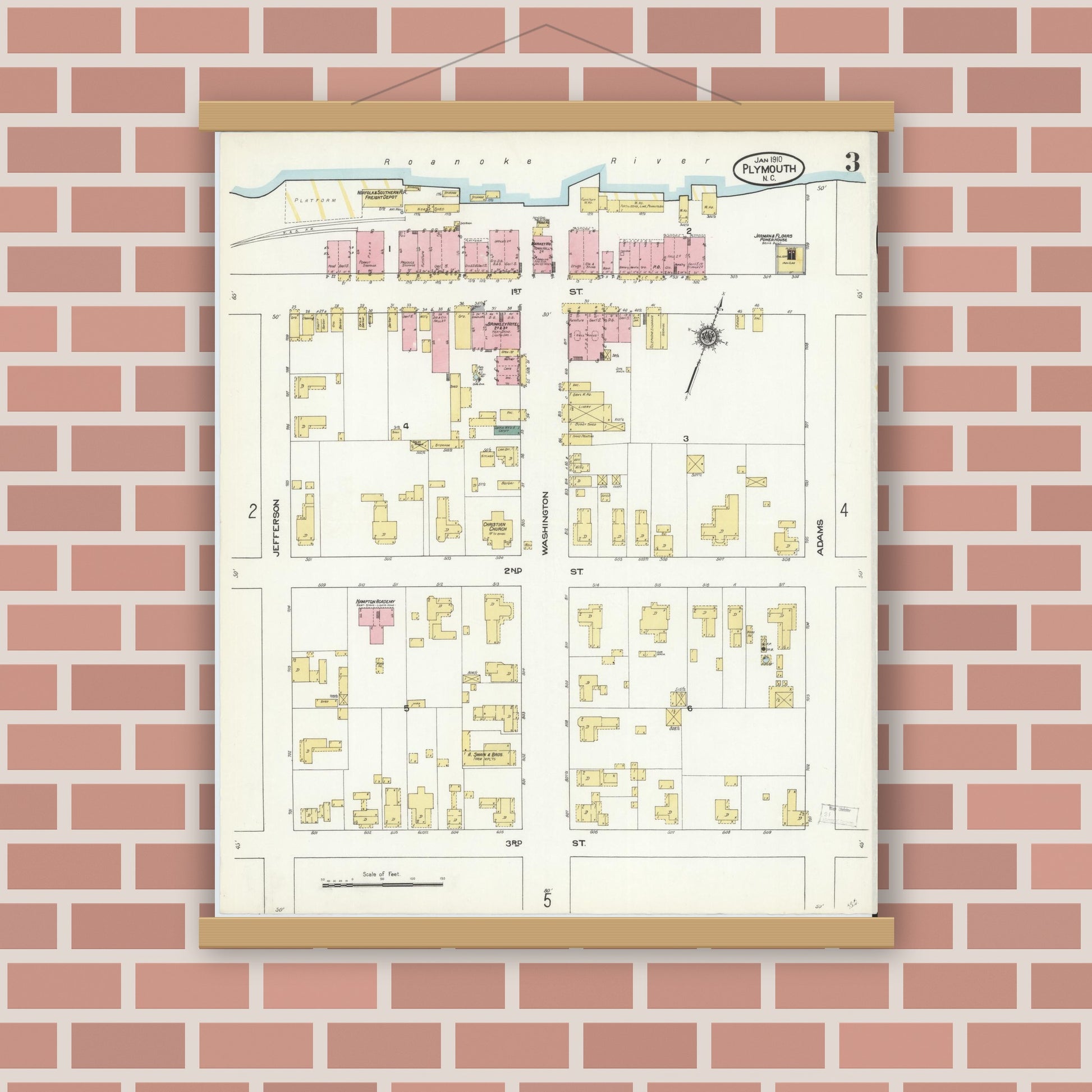Old map wall art mockup — magnetic wood frame on brick wall — Sanborn Fire Insurance Map from Plymouth, Washington County, North Carolina (1910), Sheet #0003