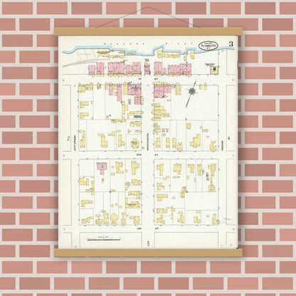 Old map wall art mockup — magnetic wood frame on brick wall — Sanborn Fire Insurance Map from Plymouth, Washington County, North Carolina (1910), Sheet #0003