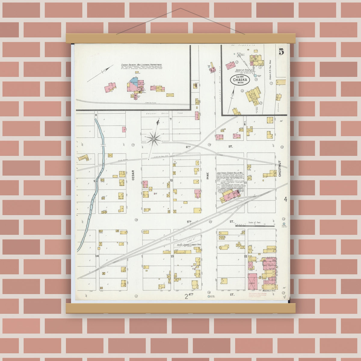 Old map wall art mockup — magnetic wood frame on brick wall — Sanborn Fire Insurance Map from Chaska, Carver County, Minnesota (1899), Sheet #0005