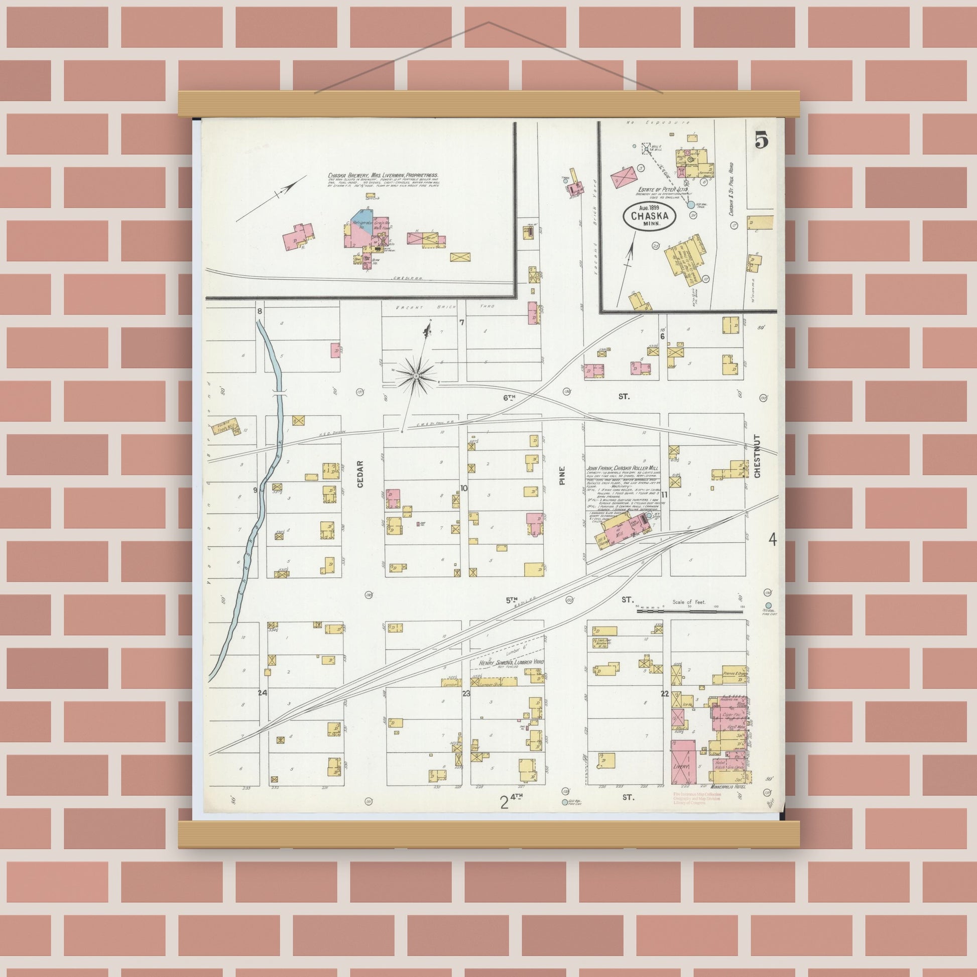Old map wall art mockup — magnetic wood frame on brick wall — Sanborn Fire Insurance Map from Chaska, Carver County, Minnesota (1899), Sheet #0005