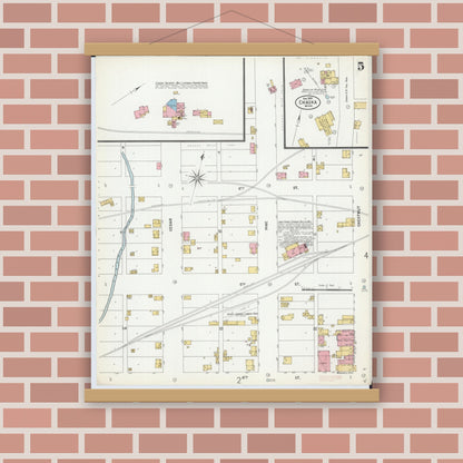 Old map wall art mockup — magnetic wood frame on brick wall — Sanborn Fire Insurance Map from Chaska, Carver County, Minnesota (1899), Sheet #0005