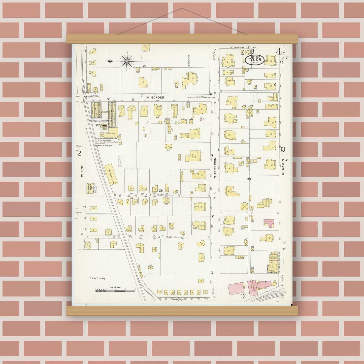 Old map wall art mockup — magnetic wood frame on brick wall — Sanborn Fire Insurance Map from Tyler, Smith County, Texas (1907), Sheet #0004