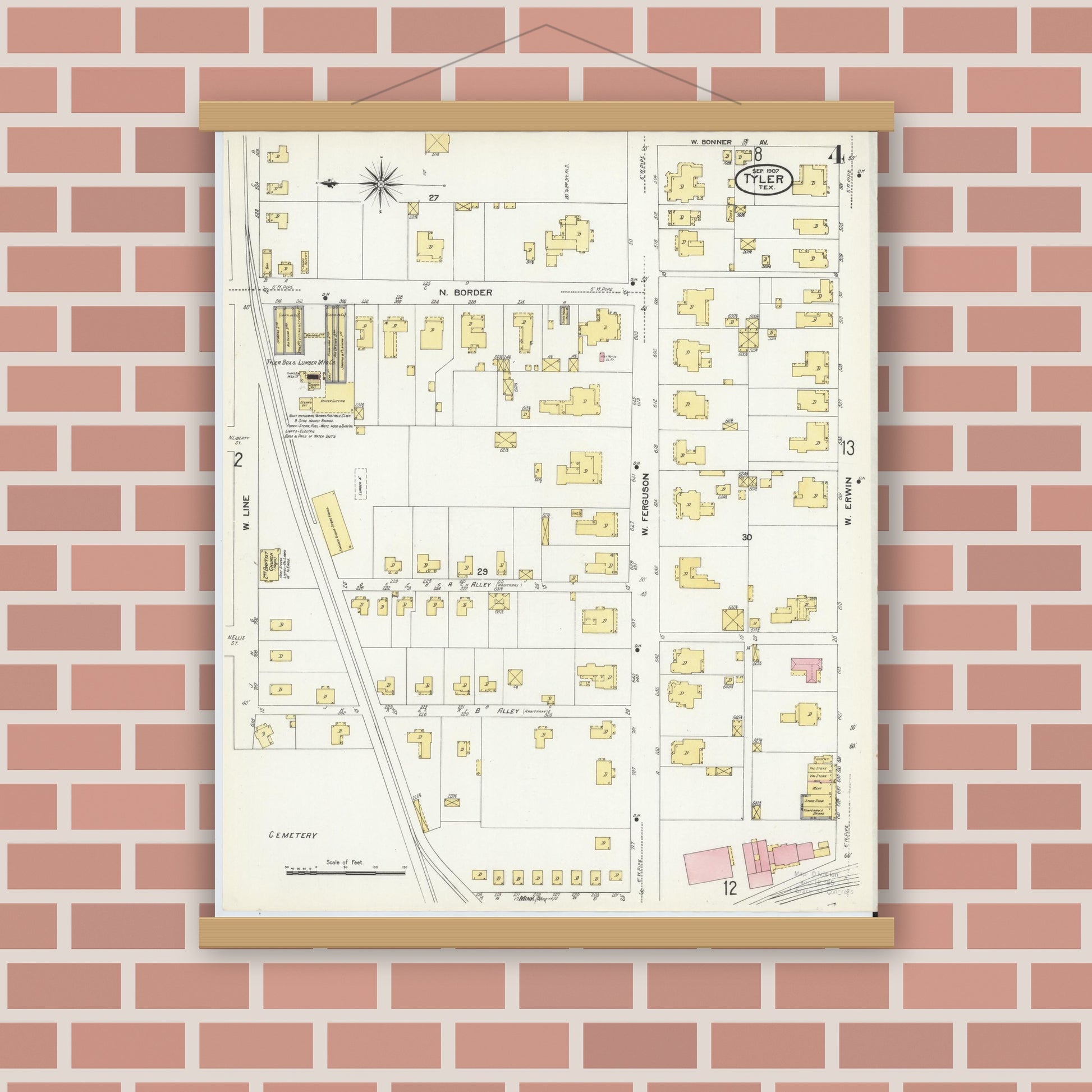 Old map wall art mockup — magnetic wood frame on brick wall — Sanborn Fire Insurance Map from Tyler, Smith County, Texas (1907), Sheet #0004