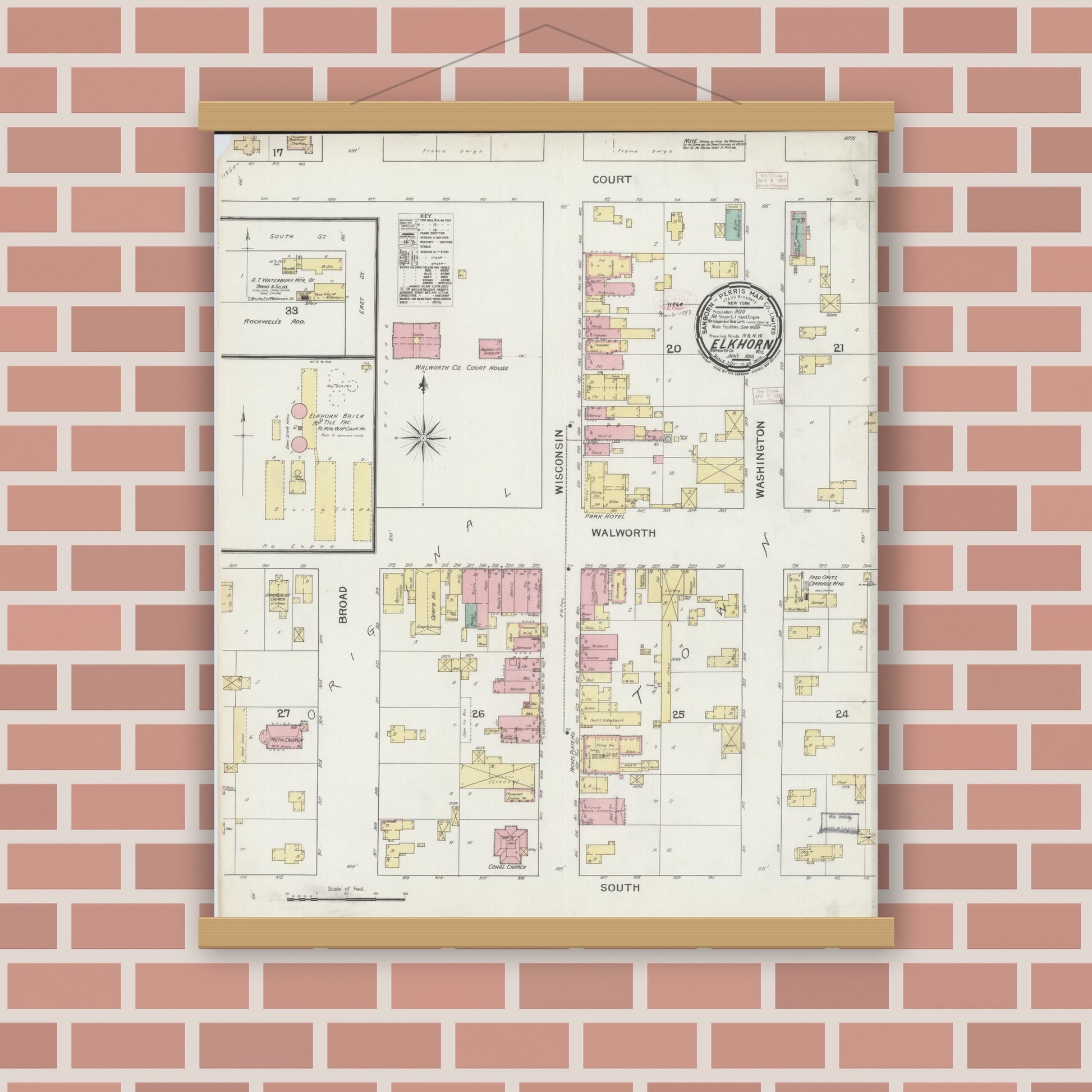 Old map wall art mockup — magnetic wood frame on brick wall — Sanborn Fire Insurance Map from Elkhorn, Walworth County, Wisconsin (1893), Sheet #0001